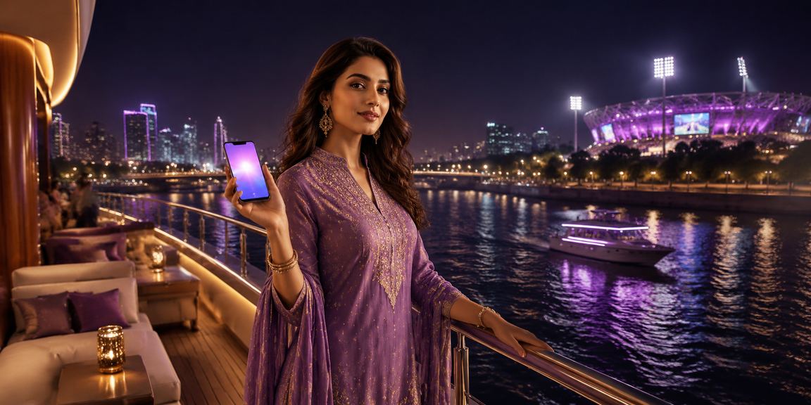 Ahmedabad riverfront night with cricket betting vibe