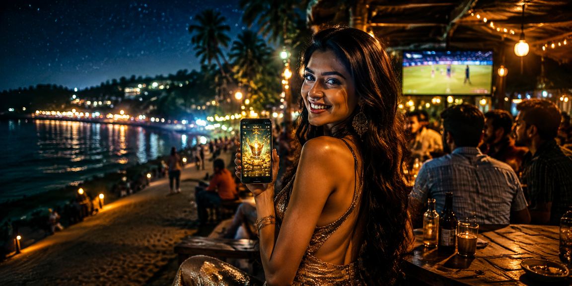 Indian cricket fan betting online by the beach during sunset