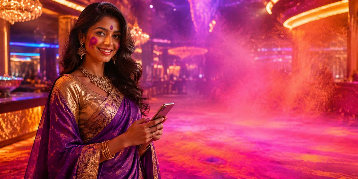 Indian player enjoying casino on mobile during Holi festival celebration